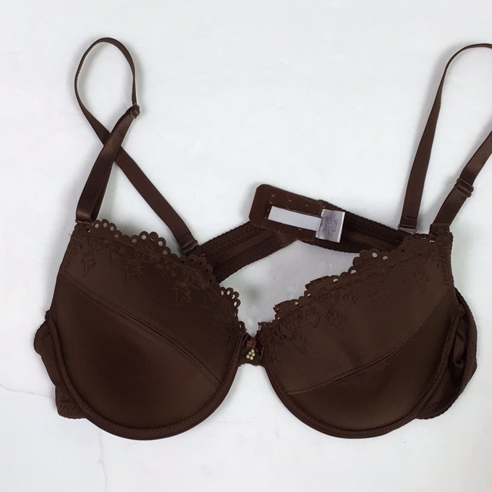 R-Wear by Rampage Sexy Eyelet Lace Hearts Pearl Bow Chocolate Brown Bra‎ 36 C